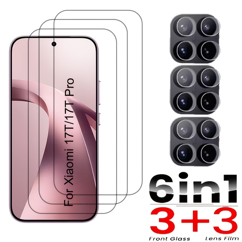 TEMU Vidrio templado 6 en 1 3+3 para pantalla y lente, diseñado para Honor para Xiaomi 17T, protector de lente de cámara HD para Xiaomi 17T Pro