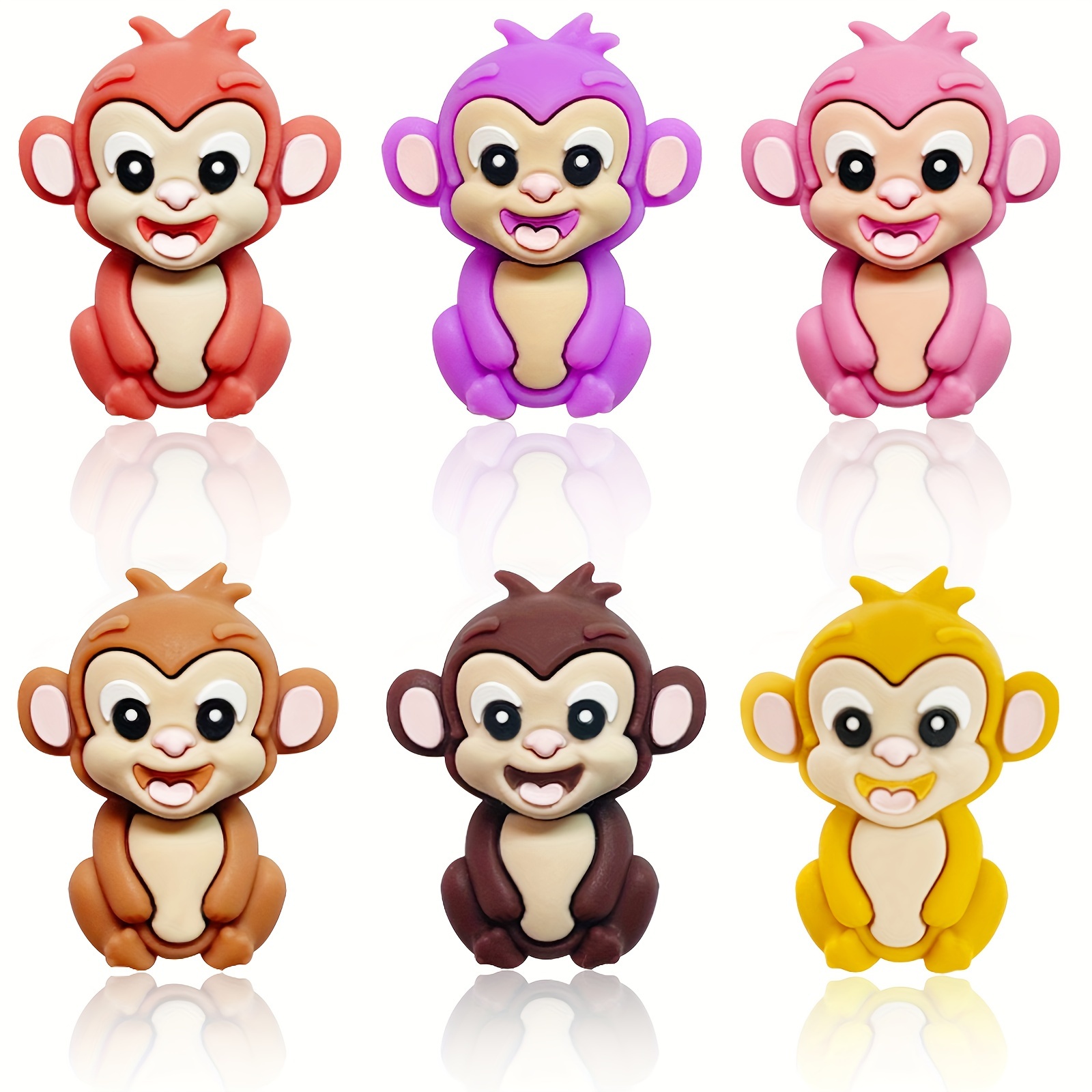 

6pcs 3d Monkey Silicone Bead Set In Assorted Colors - Making Kit For Pens, Lanyards, Necklaces & Keychains