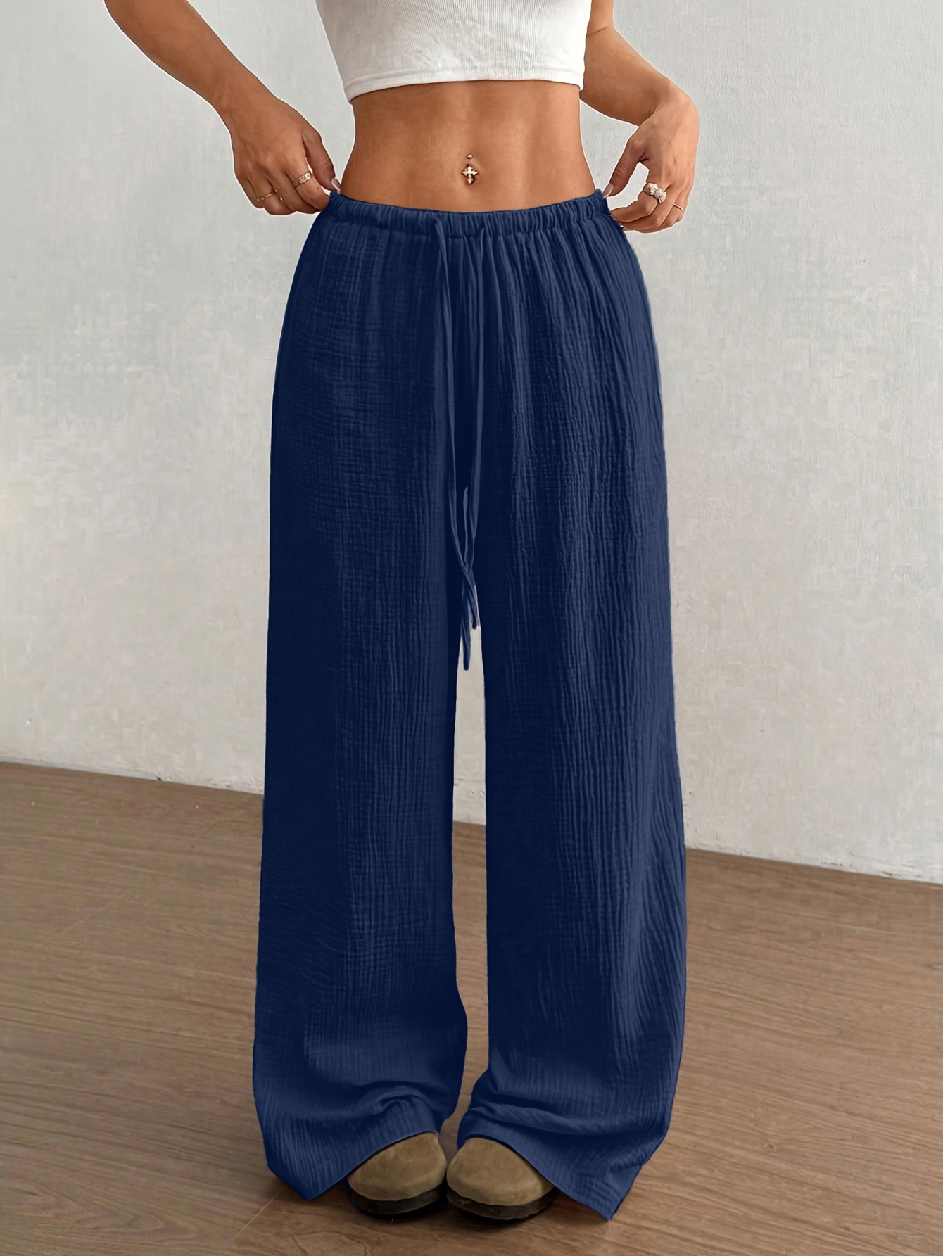 womens solid color casual drawstring straight leg pants trousers