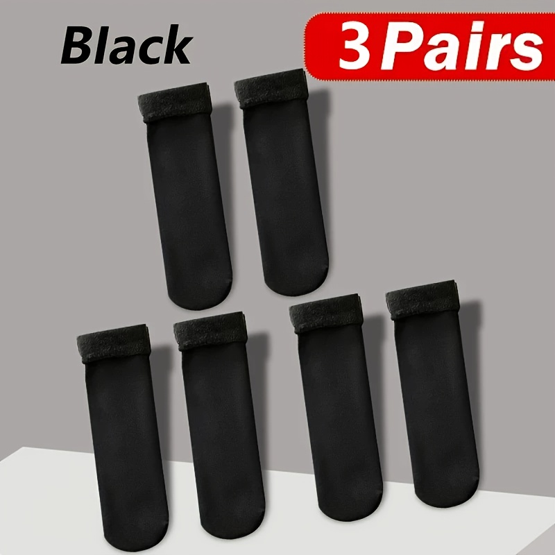 TEMU 3-pair Cold-resistant Thermal Socks, Autumn/winter Warm Socks, Thick Plush Polyester Fabric, Solid Black, Machine Washable, Mid-calf Cold-proof