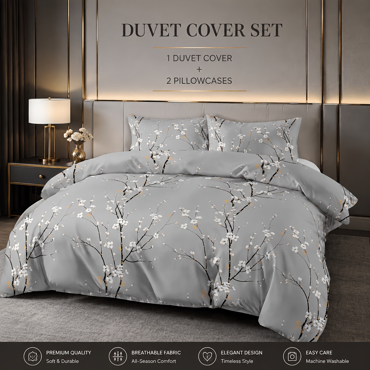 TEMU Parure de lit 135 x 200 cm en microfibre imprimée, housse de couette, ensemble de 2/3 pièces, motif floral, fermeture éclair invisible, douce,