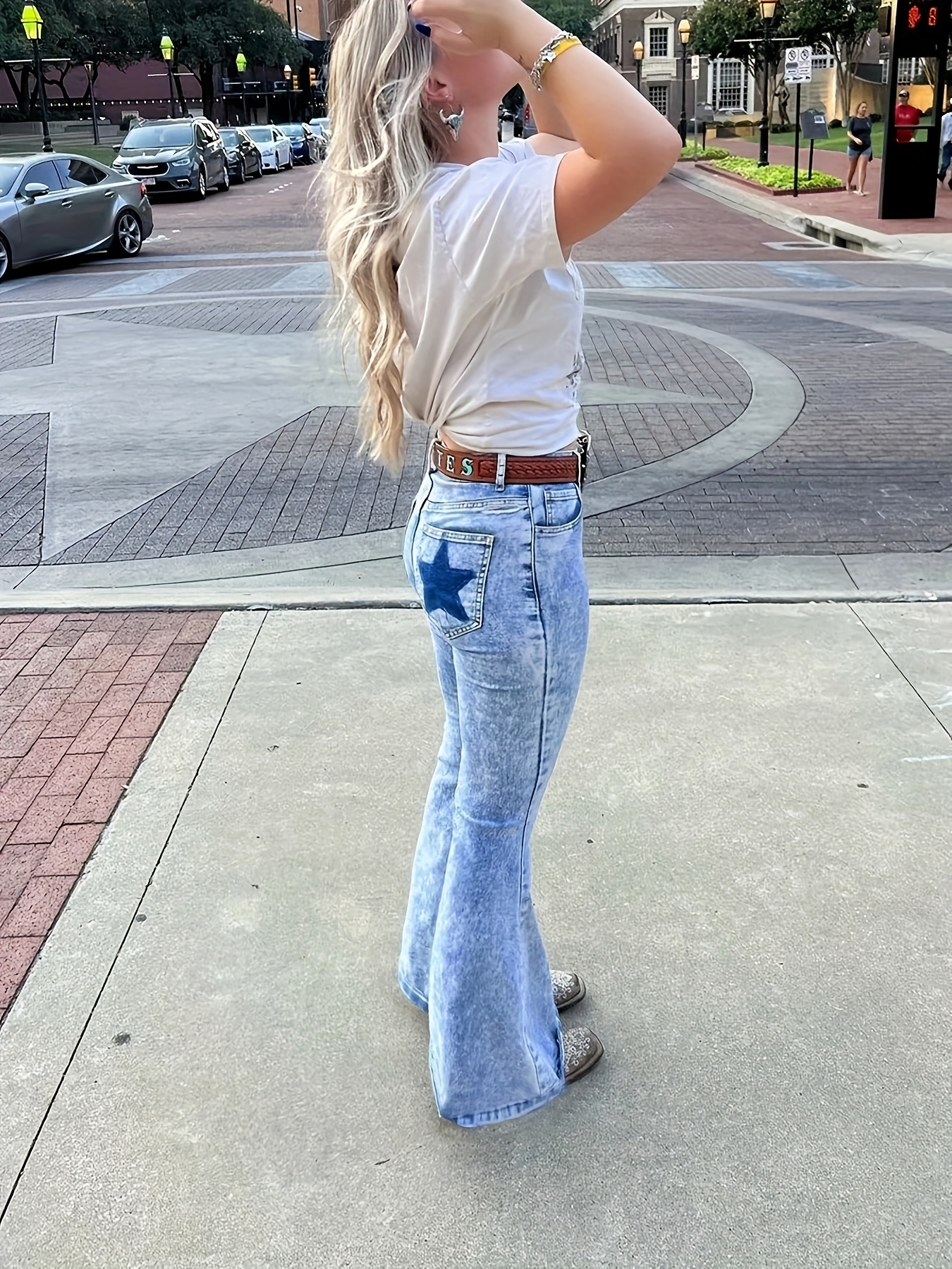 womens stretch denim bell bottom jeans snowflake fringe hem Temu