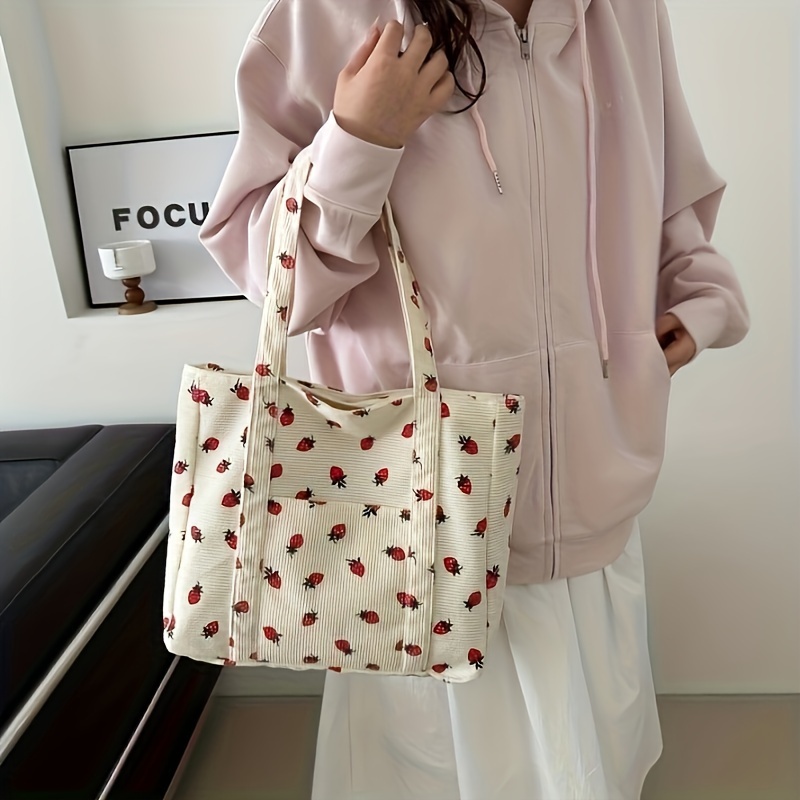

Large Capacity Tote Bag, Cute Strawberry Pattern Shoulder Bag, Corduroy School Handbag For Women