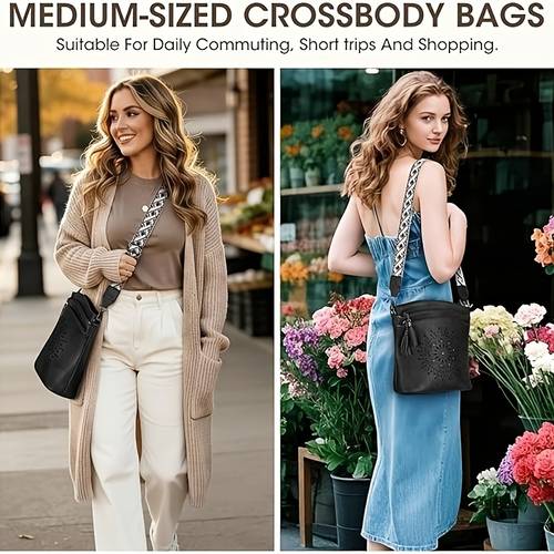 bohemian crossbody bag medium hollow carved design and ethnic wide shoulder strap womens daily shopping and travel use tassel casual shoulder bag