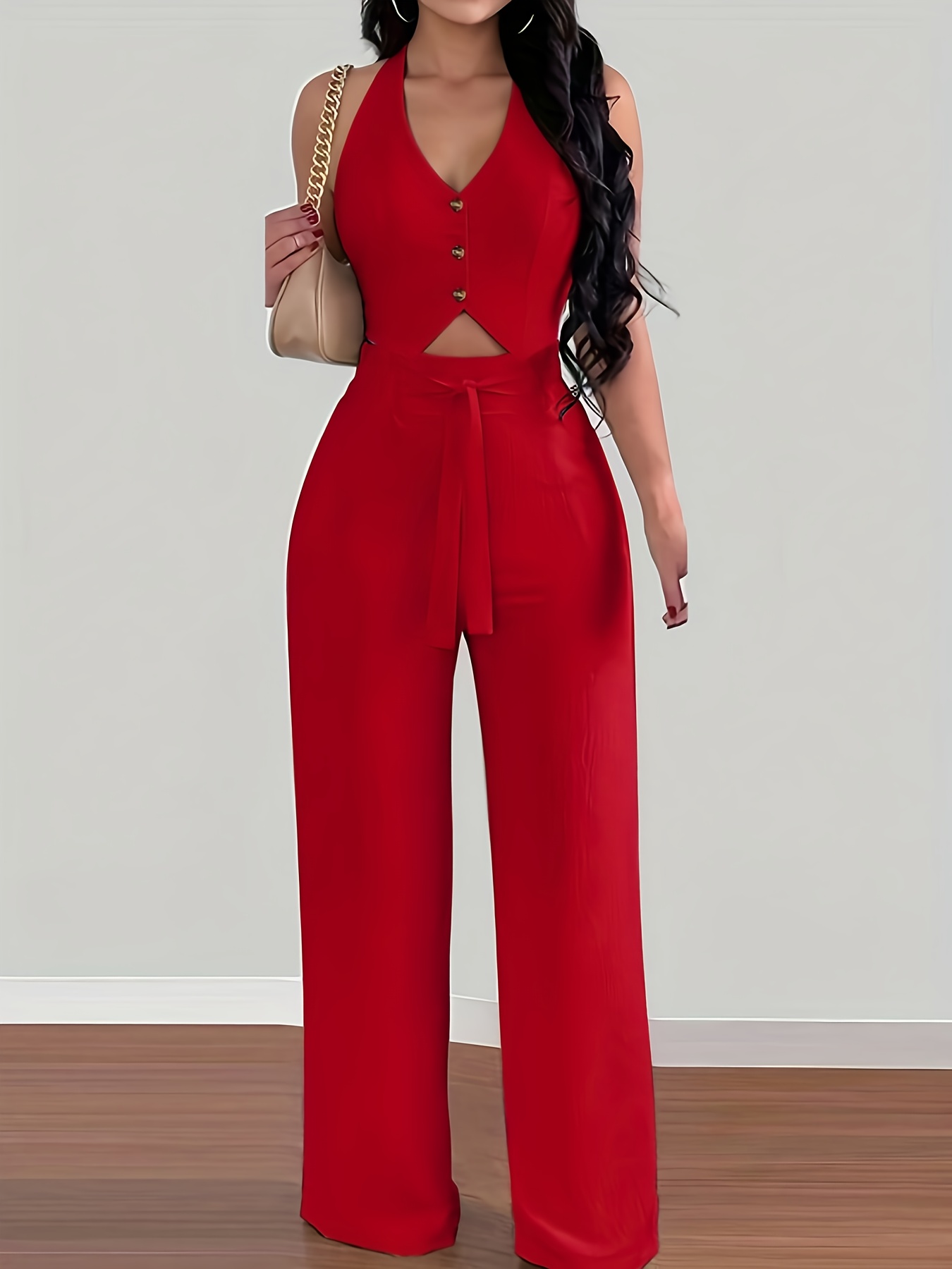 Nuevo conjunto de dos piezas para mujer: elegante top halter sin espalda y pantalones de pierna ancha, ideal para vacaciones y un estilo casual - Imagen 9