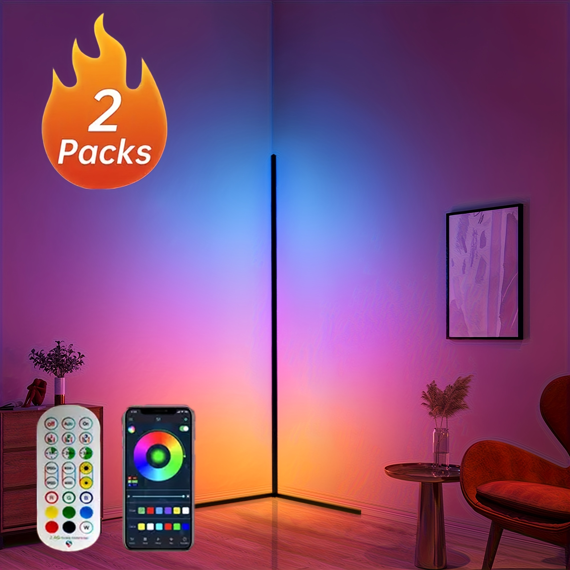 Image of 1/2pcs Led Corner Floor Lamp, 57.1' Tall Minimalist Dimmable Standing Lamp, Remote App Control, 2700k-6000k White, Mood Lighting For Living Room Bedroom Home Office Party Decor