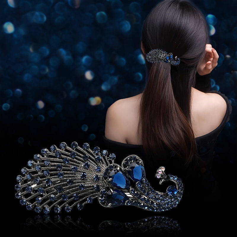 

Boho-chic Peacock Hair Clip - Vintage Alloy Barrette With Sparkling Rhinestones, Perfect For Women & Girls