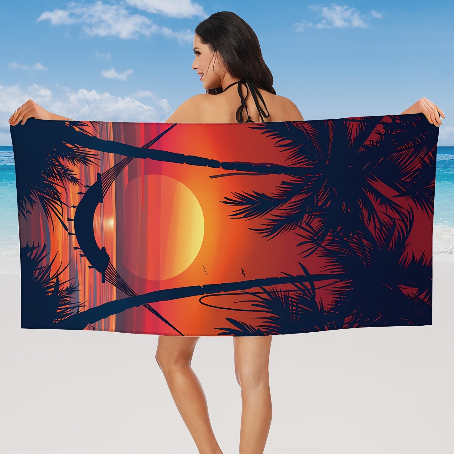 

1pc Summer Dusk Aesthetic Microfiber Extra Large Beach Towel, Coconut Sunset Sea Orange Red Beach Towel, Durable And Quick-drying Sunscreen Washable And Absorbent Bath Towel