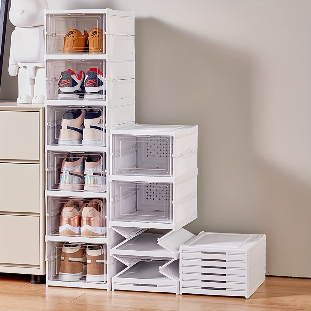 

1pc 6- Shoe Boxes, 6- Shoe Rack, Free Standing Plastic Storage Bins With Lids, , Clear, Dustproof, Installation-free Organizer