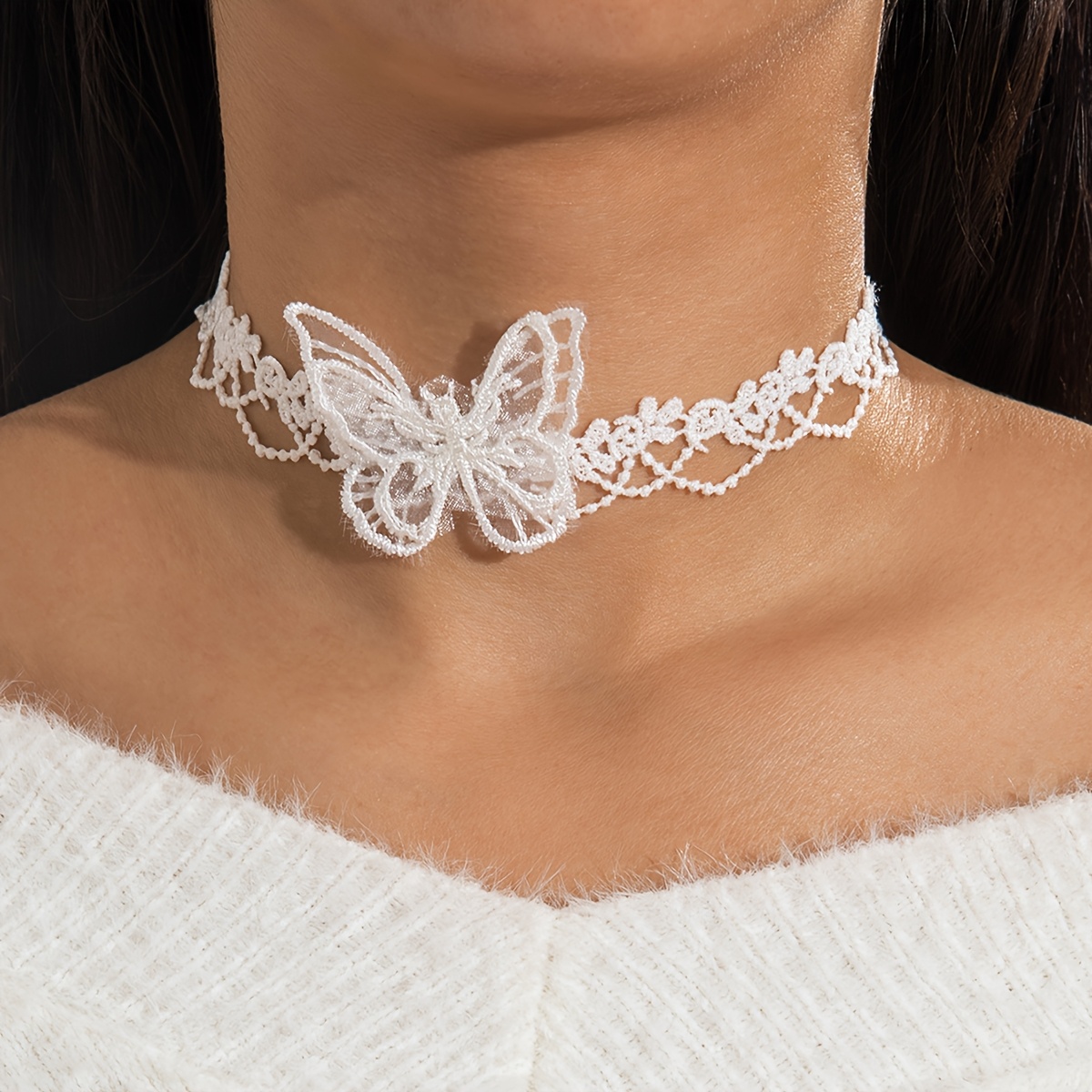 Image of 1pc Stylish And Versatile White Lace Bow Necklace, White Lace Choker Necklace, Suitable As A Gift For At Parties And Banquets