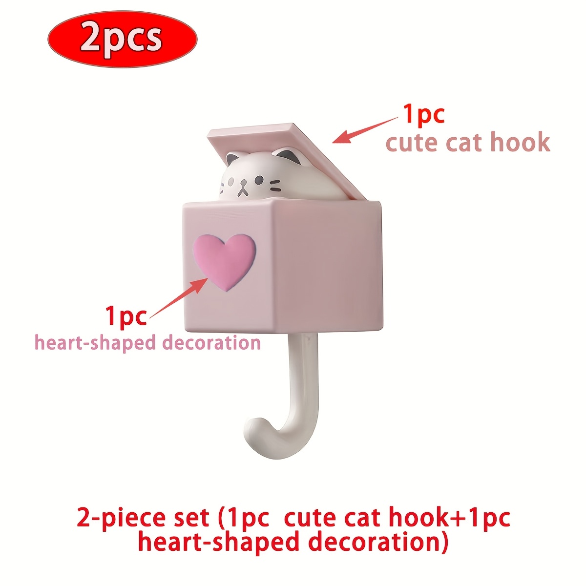 TEMU 2pcs Set (cute Cat Hooks And Heart Decorations) New Cartoon Cute Cat Hooks Strong And Non-damaging Creative Hooks Bedroom Hallway Retractable