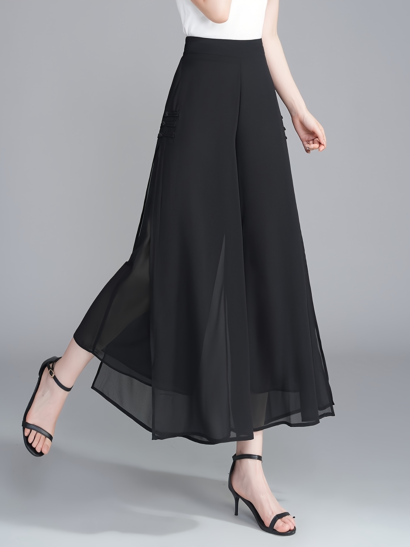 Elegant Eternal Charm, High-Waisted Pearl Chiffon Skirt Pants for Women  Lightweight, Double-Layer, Non-Transparent, Ideal for Spring/Summer, Beach,
