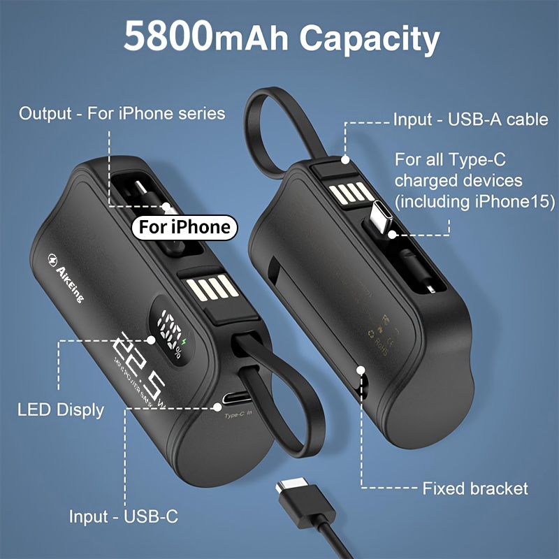 

Aikeing Mini Mobile Power, Built-in Connector, Portable Charger 5000mah 5800mah, 22.5w Fast Charging, For Iphone/ For Android/ For Xiaomi/ For Samsung And Other Cell Phones