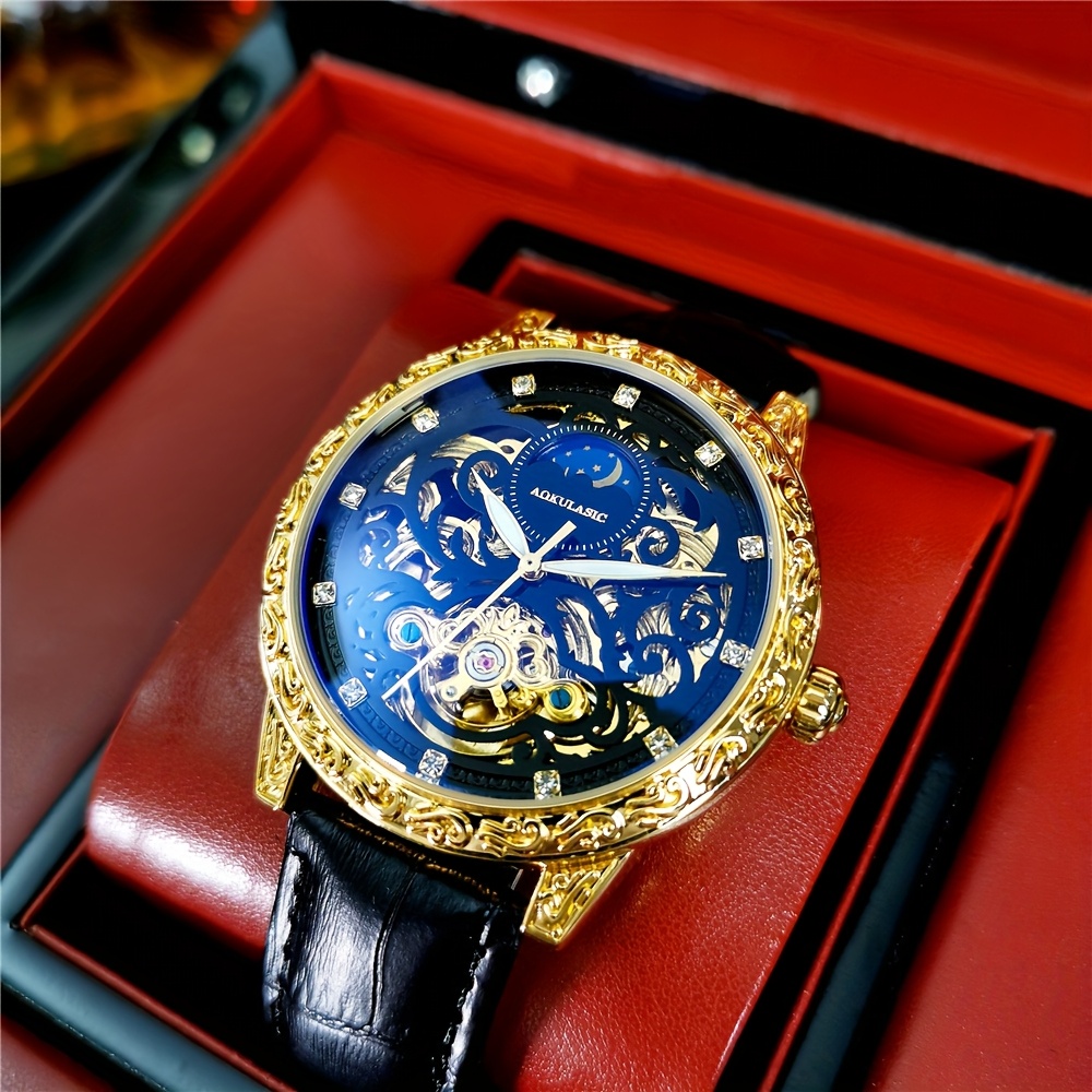 AOKULASIC 1pc Men Luxury Golden Skeleton Tourbillon Automatic Mechanical Watch for Men Luminous Hands Moon Phase Top Brand Black Faux Leather Strap Vintage Case Top Brand Business Casual Mens Watches Anniversary Christmas Valentine'S Day New Year Gifts, Without Battery