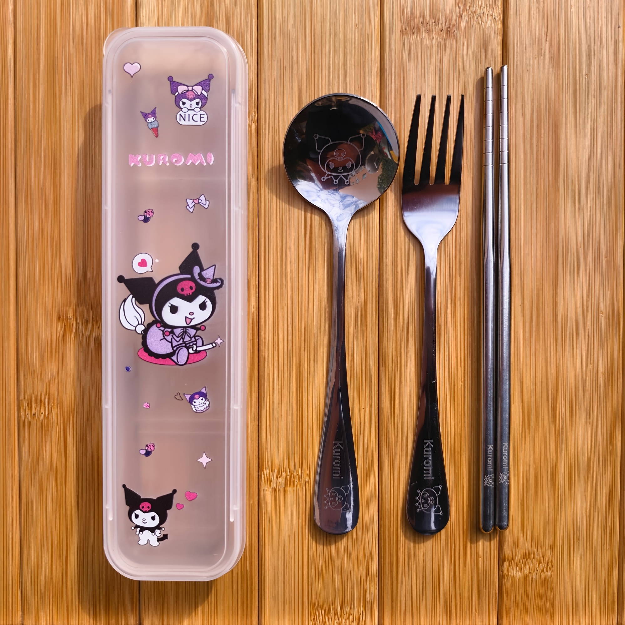Image of 3pcs Of Cute Cartoon Kuromi Stainless Steel Tableware With High Level, Melody Dog Spoon, Fork And Chopsticks Set, Convenient For Daily Commuting, Traveling And Carrying Tableware