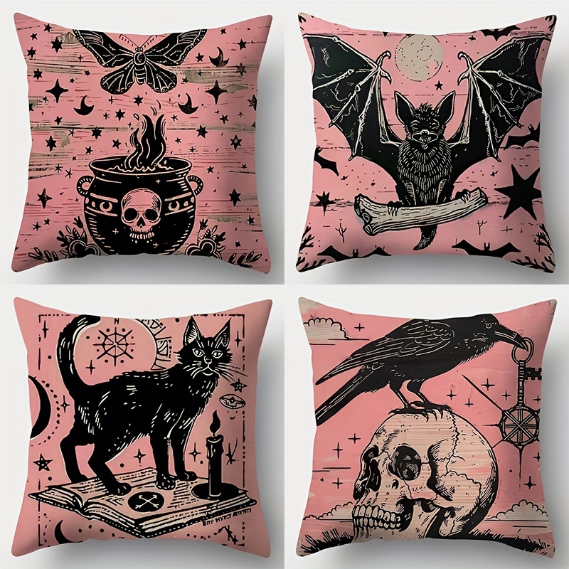 

Set Of 4 Vintage-style Halloween Throw Pillow Covers - Gothic Witchcraft & Occult Designs, Zippered Polyester Cushion Cases For Sofa And Living Room Decor, 17.72" - Hand Washable, Insert Not Included