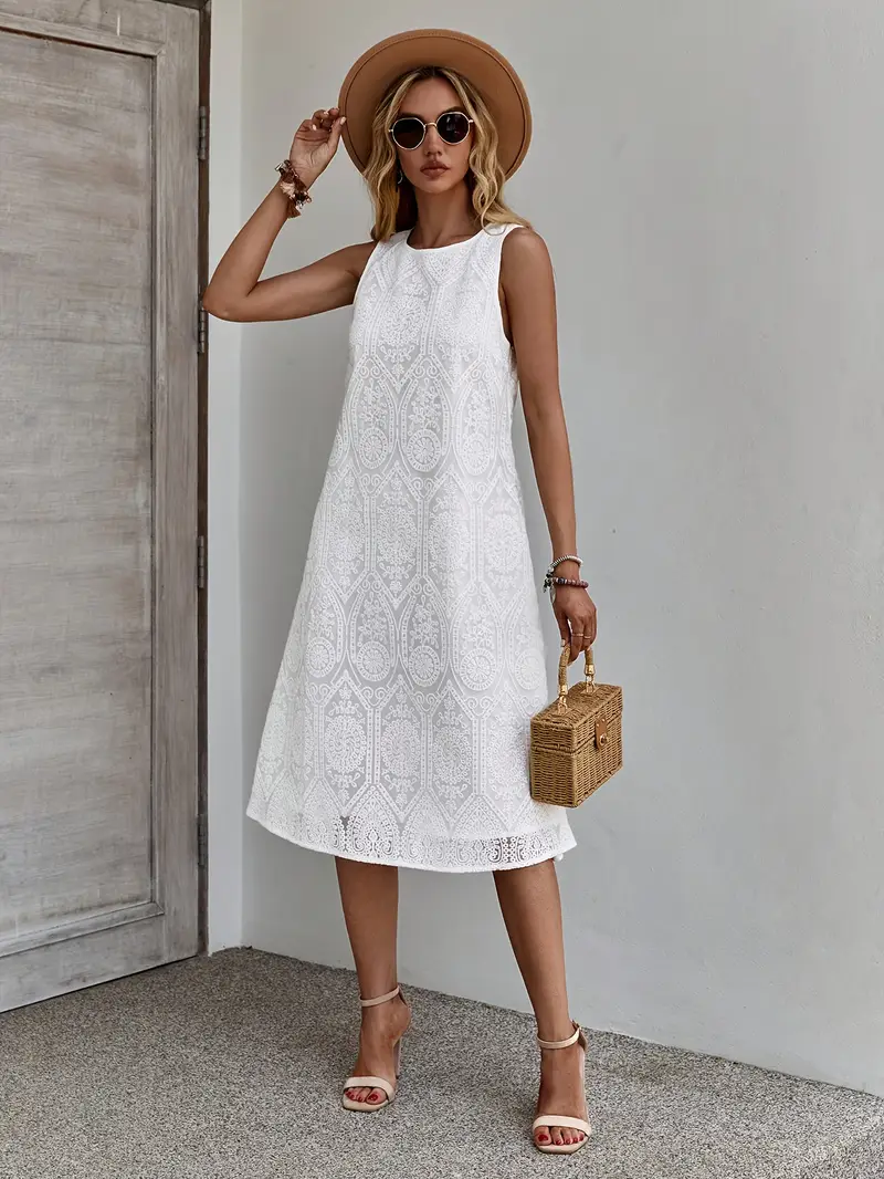 womens sleeveless round neck white midi dress elegant fitted - Temu Pakistan womens sleeveless round neck white midi dress elegant fitted - Temu Pakistan