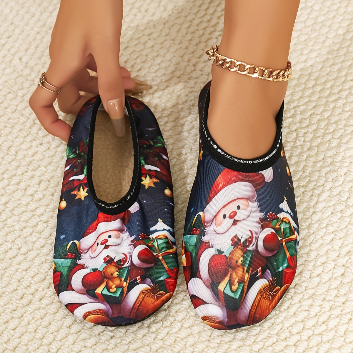 TEMU Women's Christmas Slippers With Santa & Bear Pattern - Sole Suitable For - Indoor House Shoes, Machine Washable Sneakers With Cushioned Sole For