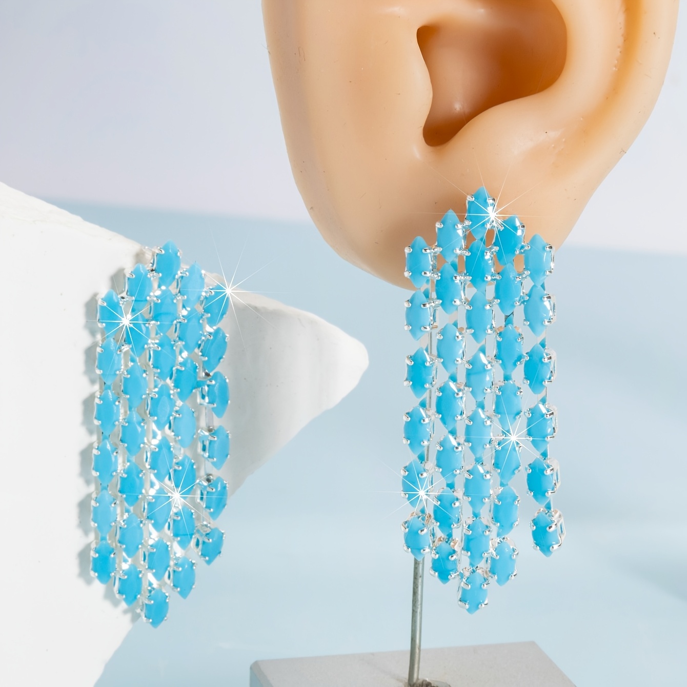 TEMU 1 Paire de Boucles d'Oreilles de Luxe Élégantes pour Femme, Bijoux Hexagonaux Lansong en Verre Marquise avec Chaîne et Pompon, pour , les
