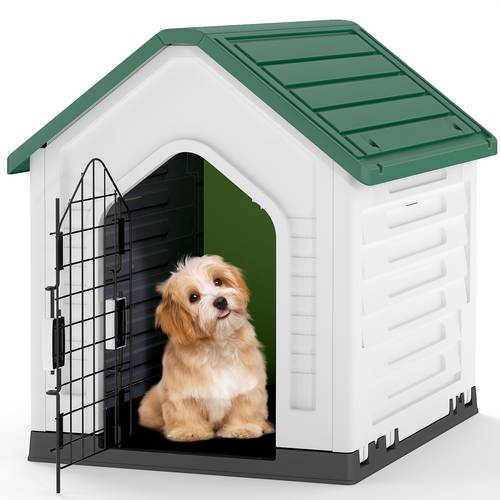 heavy duty plastic dog house suitable for small to medium sized dogs features a lockable mesh door elevated floor and ventilation holes a portable indoor outdoor kennel with a sloped roof easy to assemble made of lightweight pp material