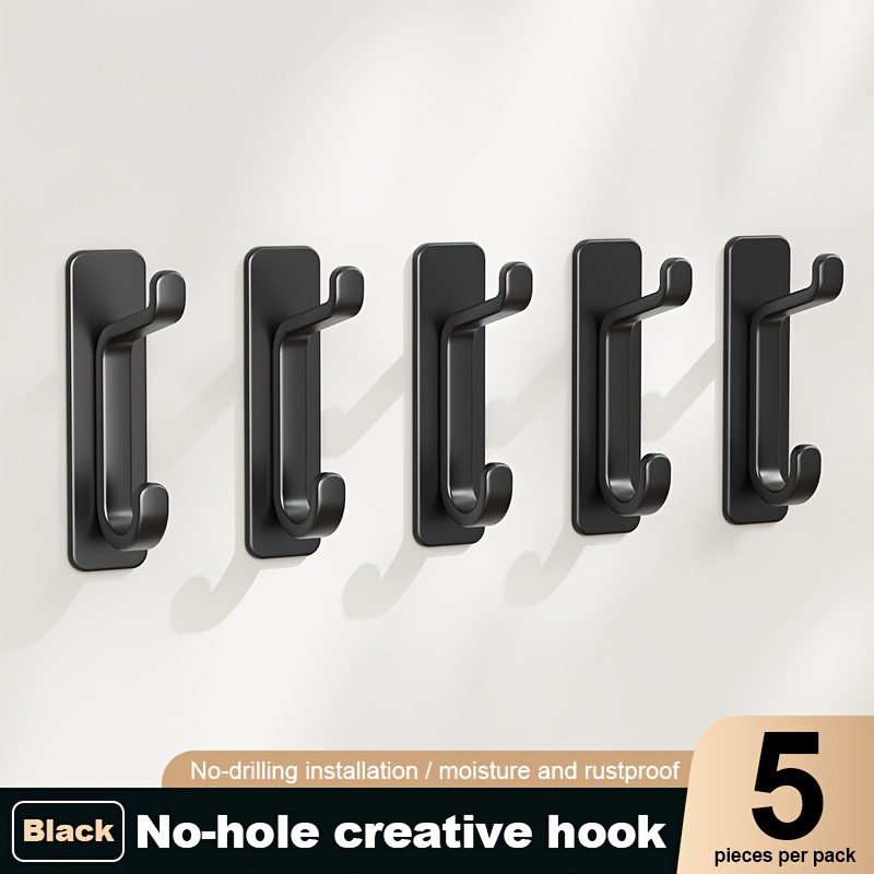 Image of 5pcs Self-adhesive Hooks, Ultra-strong Adhesive Hooks, To 6kg, Heavy-duty Wall Door Bar For Bathroom Shower Kitchen Towel Coat Hat Wallet, Black