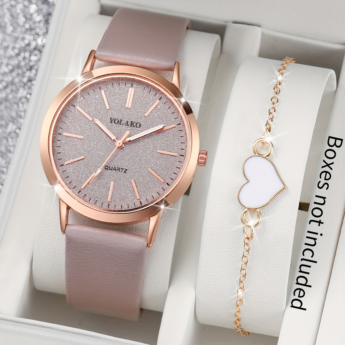 

2 Pcs Quartz Watches Pu Leather Strap Zinc Alloy Pointer And Heart Bracelet Jewelry For Women Not Include Watch Box