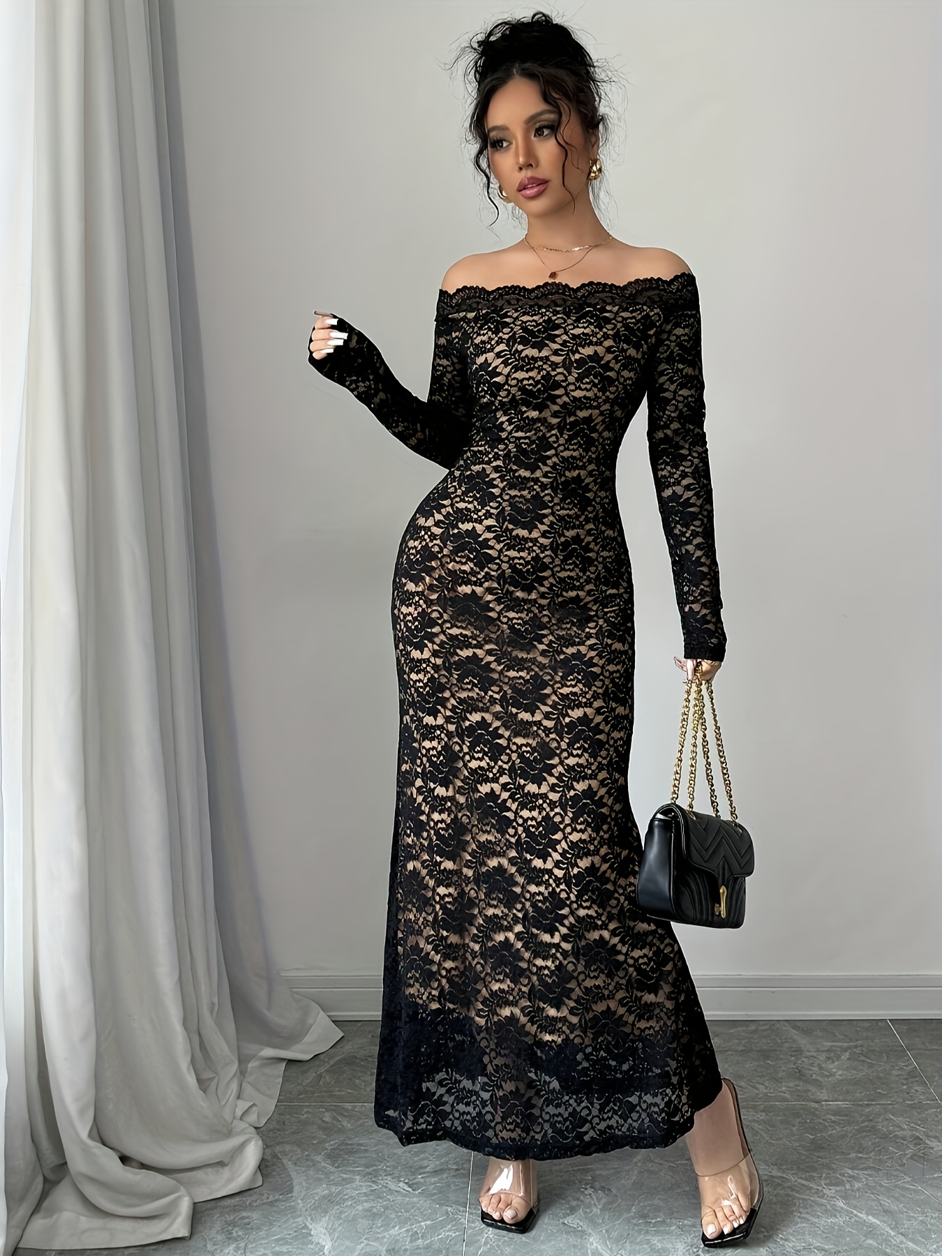 new womens fashionable shoulder lace dress elegant simple - Temu Oman