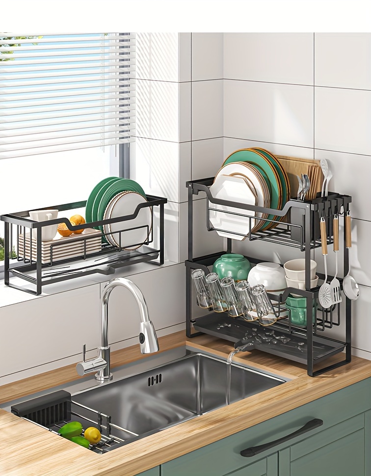 space saving dish rack with drain tray hooks utensil holders multifunctional kitchen organizer for dishes cups knives forks chopsticks Product details 11