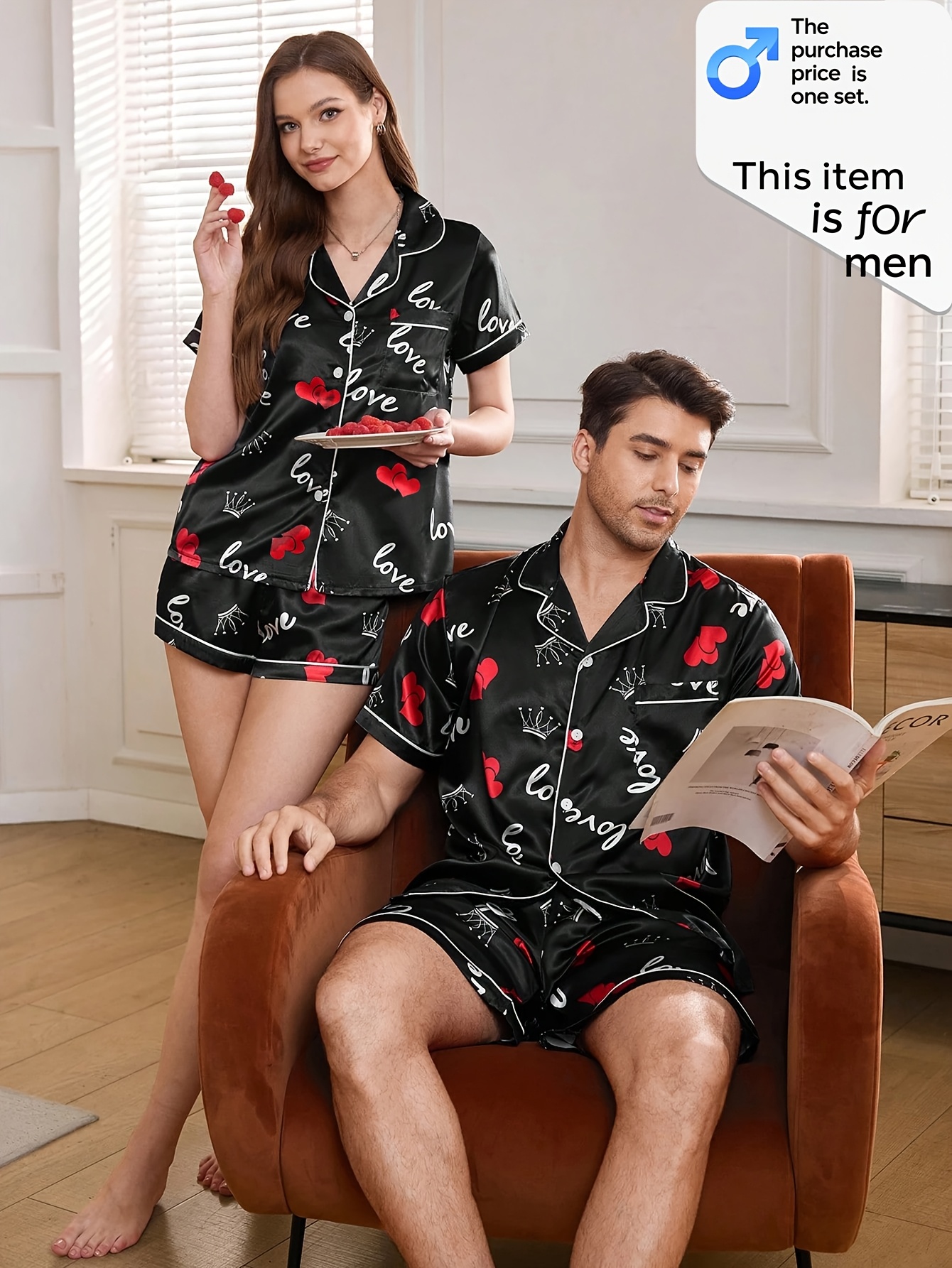 Couple Style: [Men/Women] Pajamas - Men's Or Women‘s Homewear, Short Sleeve Collar Button-Front Sleepwear with Heart Pattern Collar, Short Sleeve Button-Front Shorts & Matching Pants, 1 Top And 1 Bottom,Valentine's Gift