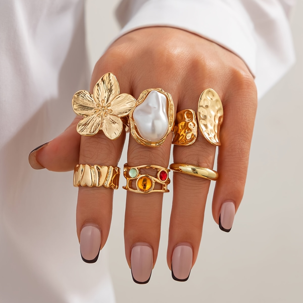 6pcs set of fashionable and flower-set Rhinestone rings, metal geometric irregular opening ring sets suitable for parties and gifts for friends