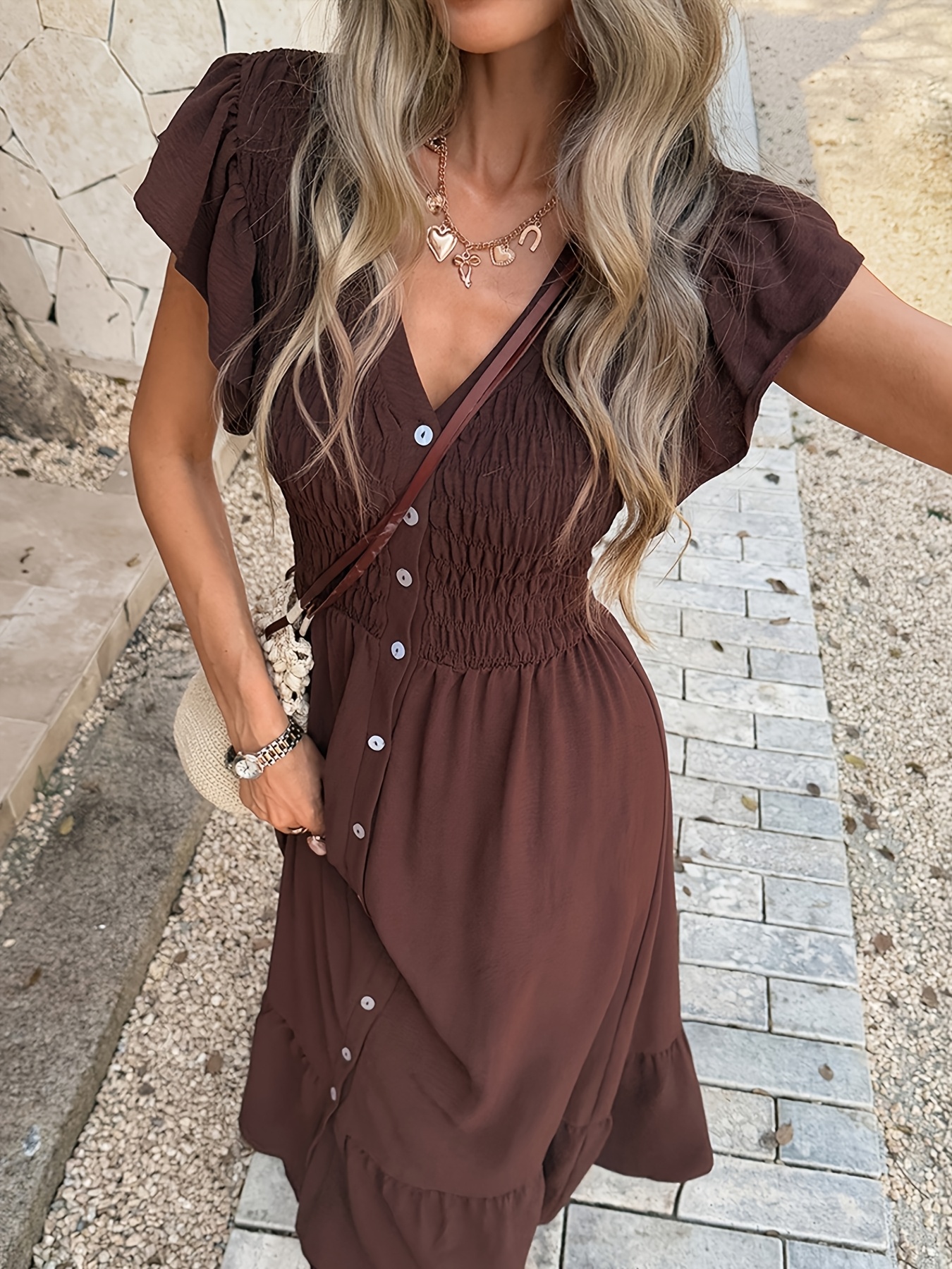 v neck brown dress Linen-Blend V-Neck Maxi Dress with Natural Texture – Earth Brown S / Earth Brown main image 1
