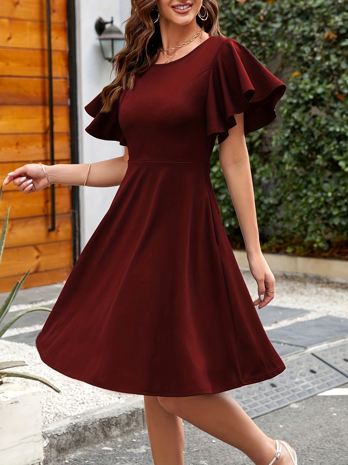 womens puff sleeve knee length dress side Temu United Kingdom