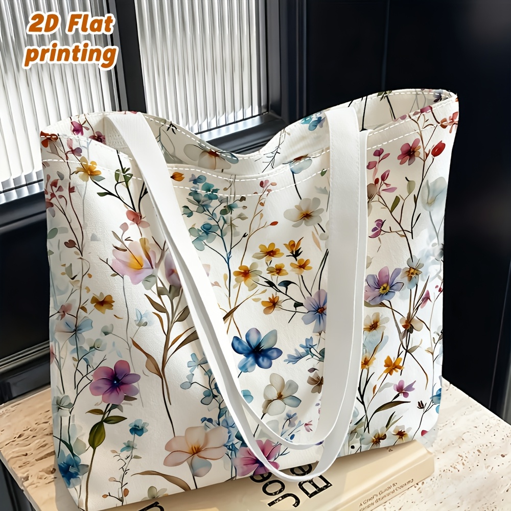 TEMU 1pc Women's Soft Watercolor Floral Print Single-shoulder Bag - Multi-functional Tote & Crossbody Handbag, Reusable Suitable For Daily , Parties,