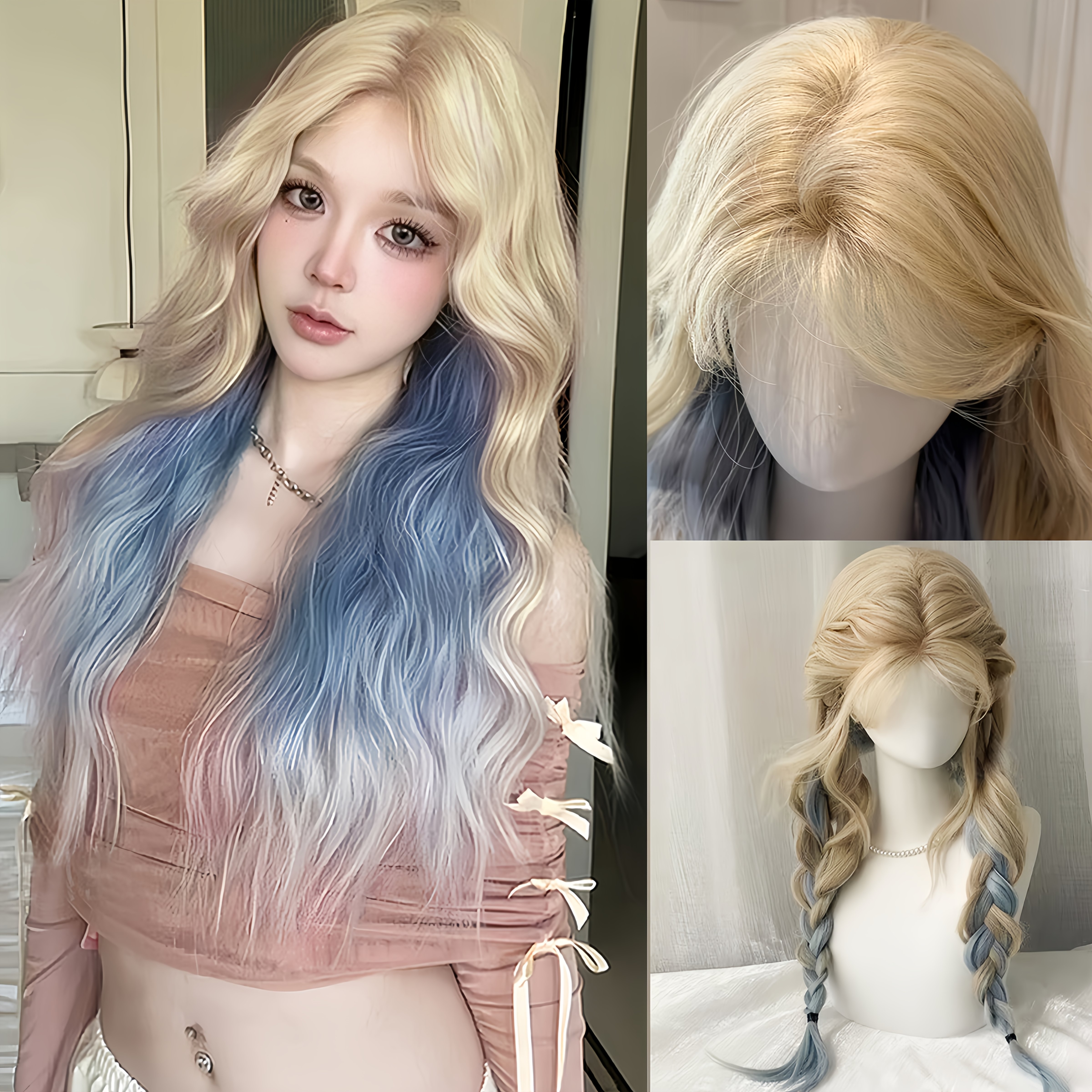 28 blonde blue ombre long wavy synthetic wig middle part - Temu