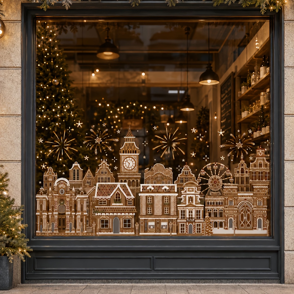 TEMU Christmas Gingerbread House Window Clings, Large Holiday Town Wall Decals, Christmas Window Stickers, Including Gingerbread Houses, Fireworks,