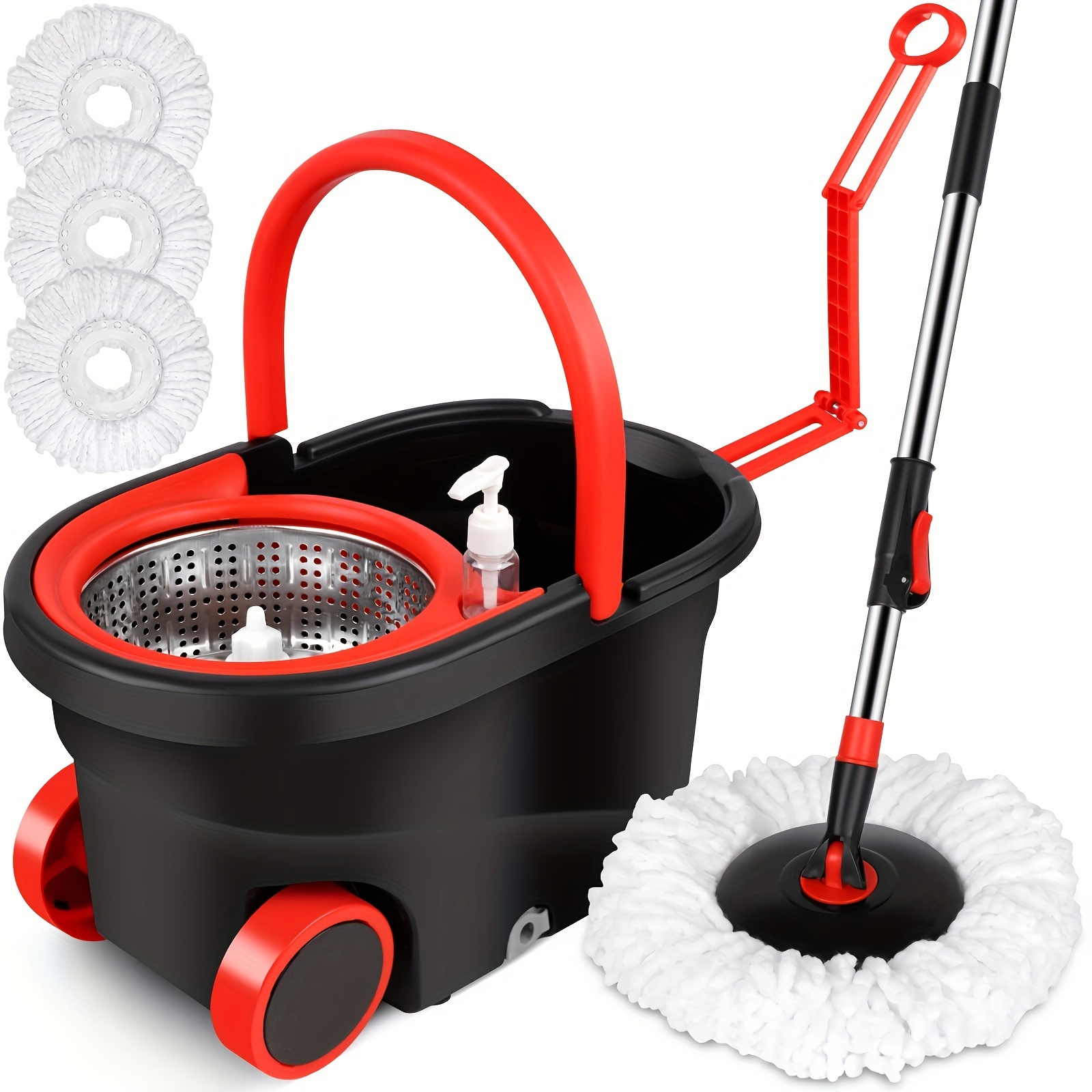 

Spin Mop And Bucket With Wringer Set On Wheels, 360° Spinning Mop Bucket System With 3 Microfiber Mop Replacement Heads