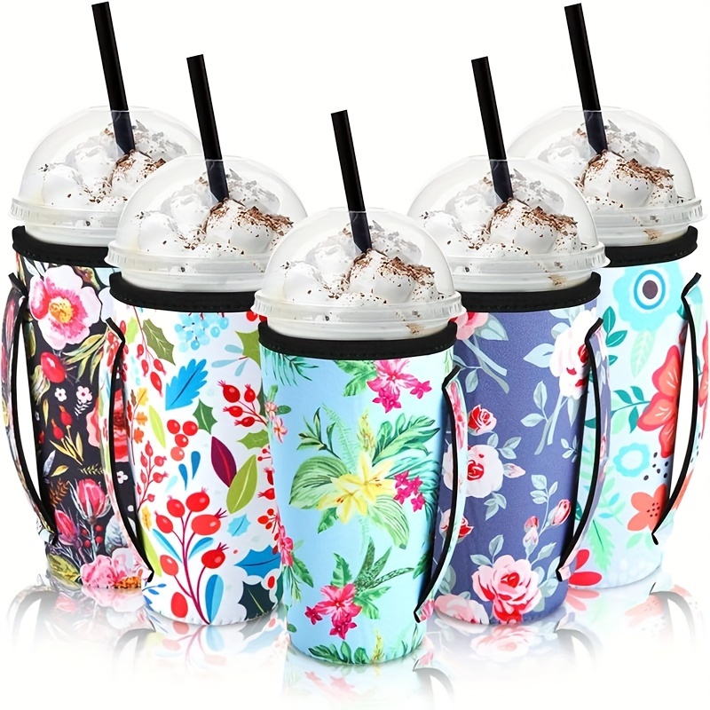 5-pack Iced Coffee Sleeve Floral Pattern Sleeves Reusable Sleeves For Coffee Neoprene Cup Holder For Drinks Beverages Cup Sleeve With Handle Fit 30-32 Oz Cup