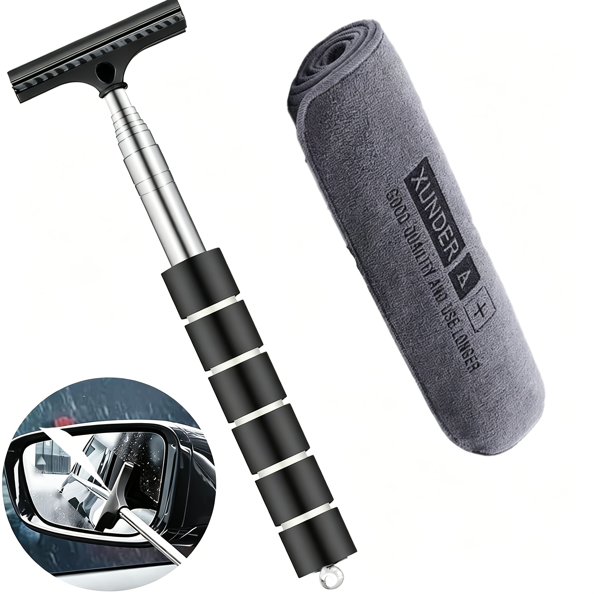 TEMU 2pcs Retractable Car Side Mirror Wiper Set With Microfiber Cleaning Cloth - Extendable Rearview Mirror & Glass Wiper, Portable Cleaning Tool For