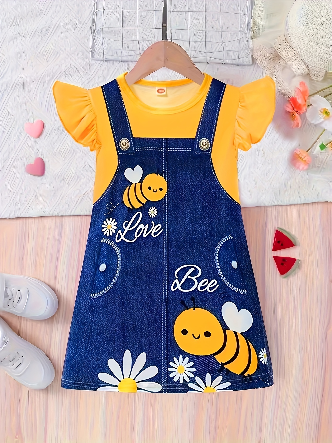 girls cute bee daisy graphic frill sleeve t shirt dress holiday going out casual dresses summer gift