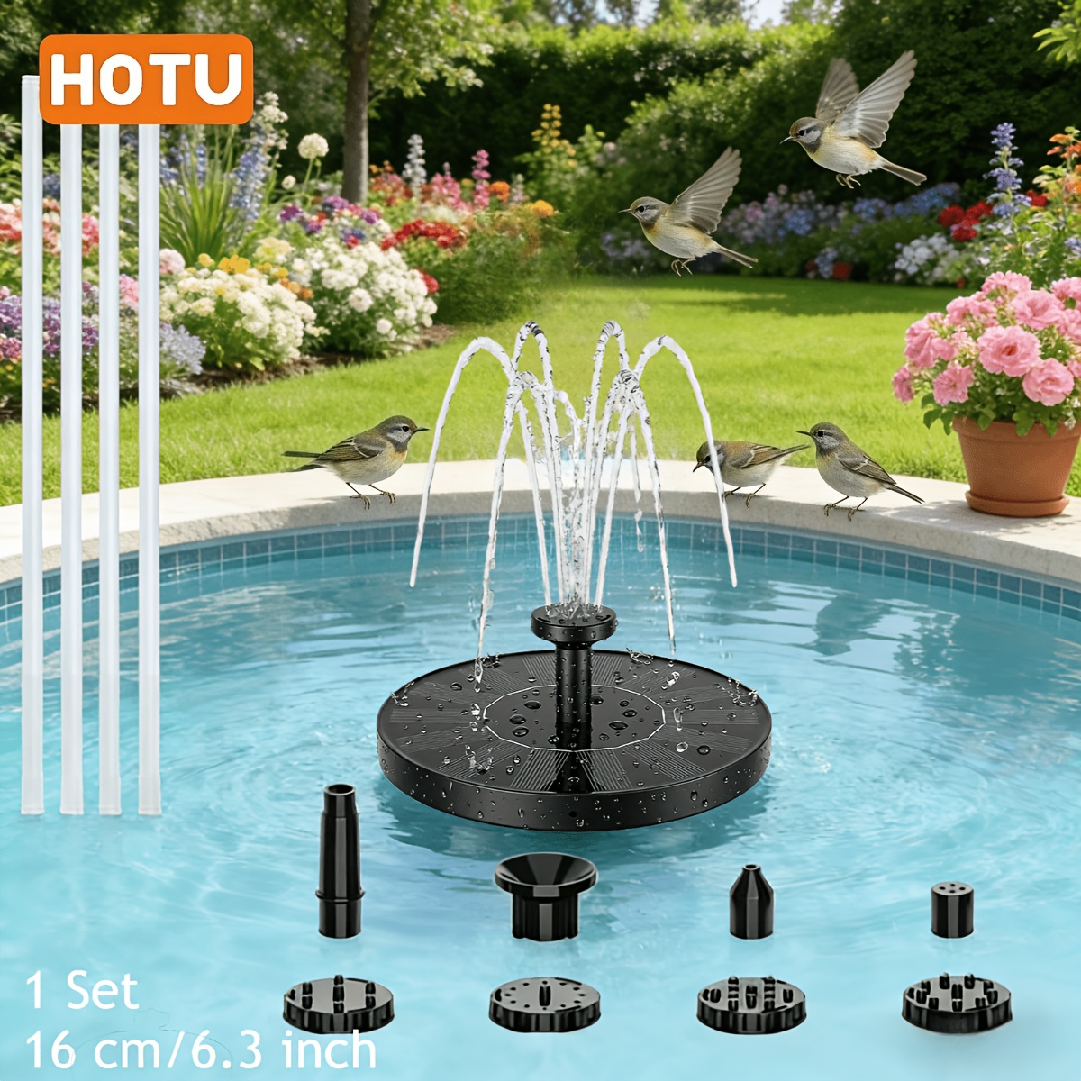 E-shop HOTU 13/16cm (5,12/6,3 Zoll) 1,5W-2,5W Solar-Teichpumpe, verbesserte solarbetriebene schwimmende Springbrunnenpumpe, mit 8 Düsen & 4