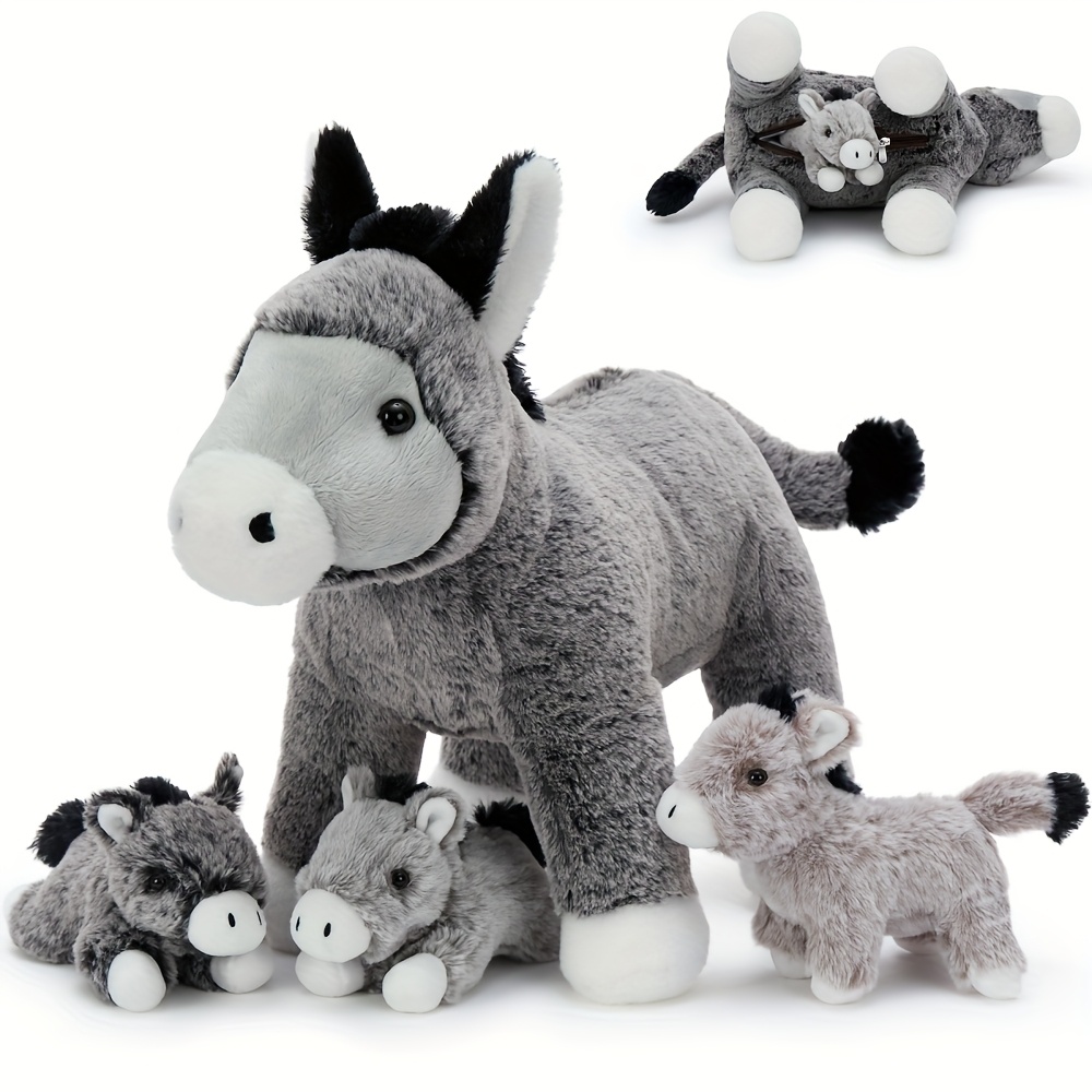 Morismos Large Donkey Stuffed Animal 20" With 3 Baby Inside | The Belly To Reveal Surprise Plush Toy | Mother & Babies Family Role Play Gift Set For Kids