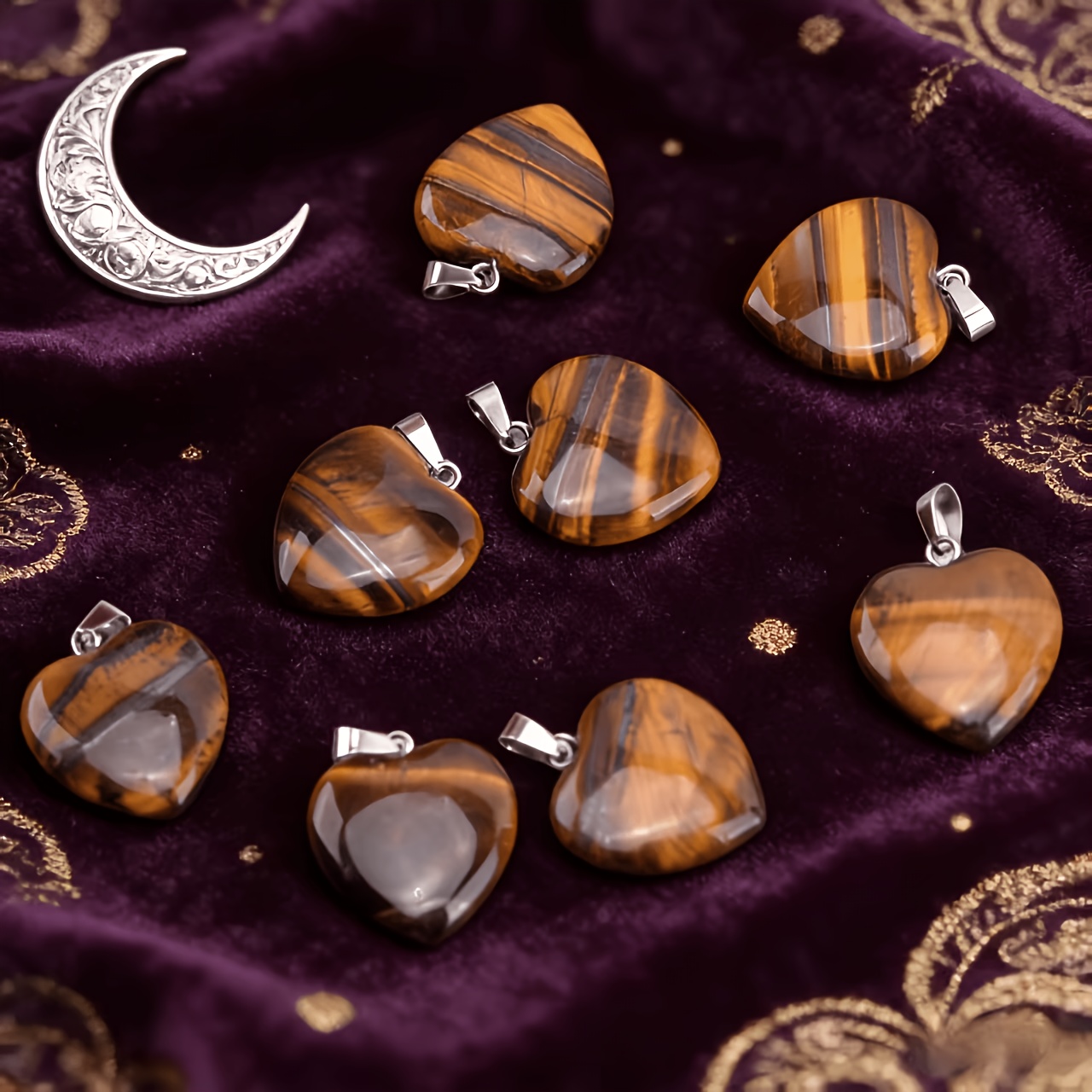 12pcs Set Natural Tiger Stone Heart-Shaped Pendants