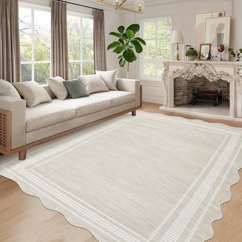 1pc machine washable non slip modern distressed bordered mat soft low pile 100 polyester with rubber backing neutral beige solid color irregular shape for entryway living room bedroom office farmhouse minimalist home decor washable area mat