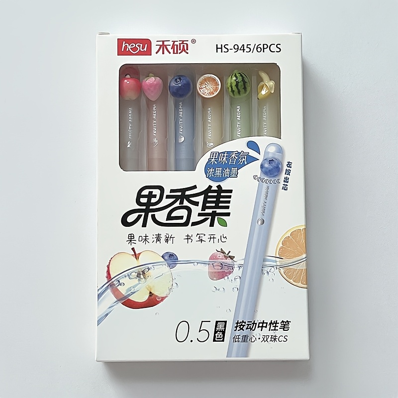 TEMU 6pcs Fruit Pen Set 0.5mm Black Pen Creative Strawberry Blueberry Orange Watermelon Banana Pattern Gel Pen Scented Writing Pen Office Supplies