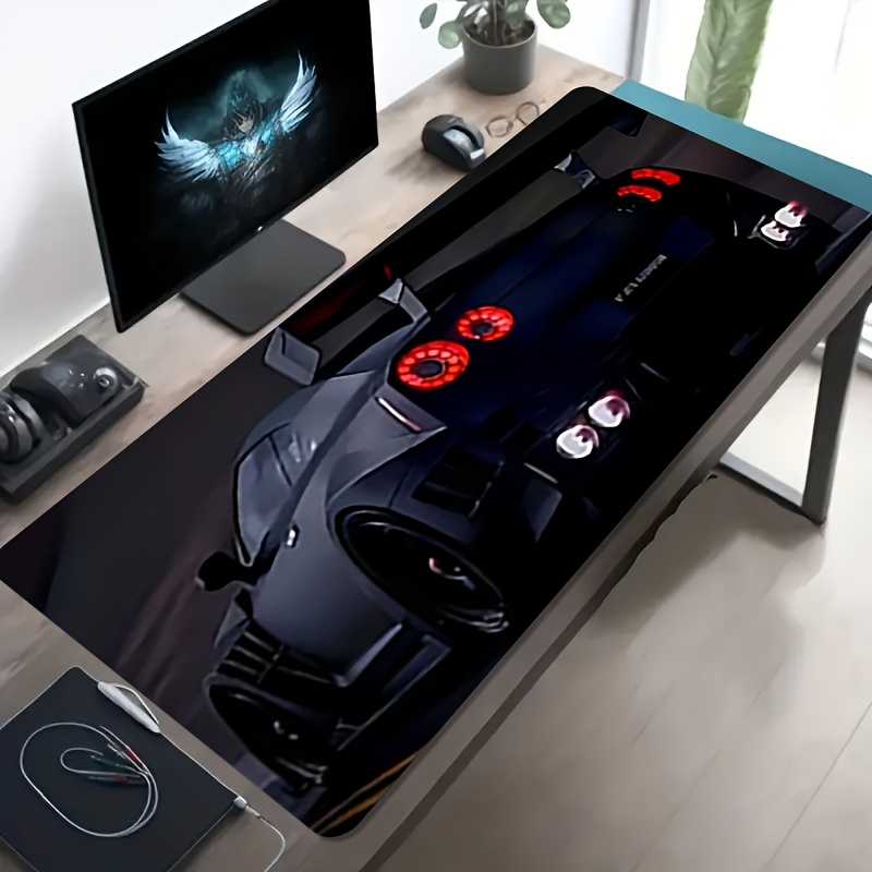 TEMU 1pc Large-sized Mouse Pad With A Cool Black Sports Car Taillight-style Pattern, Featuring A Non-slip, Washable Rubber Base. This Oversized Desk