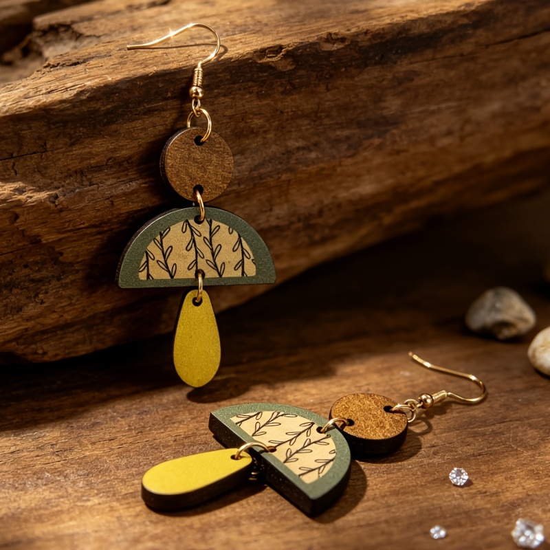 Bohemian Geometric Semicircle Printed Leaf Teardrop Earrings