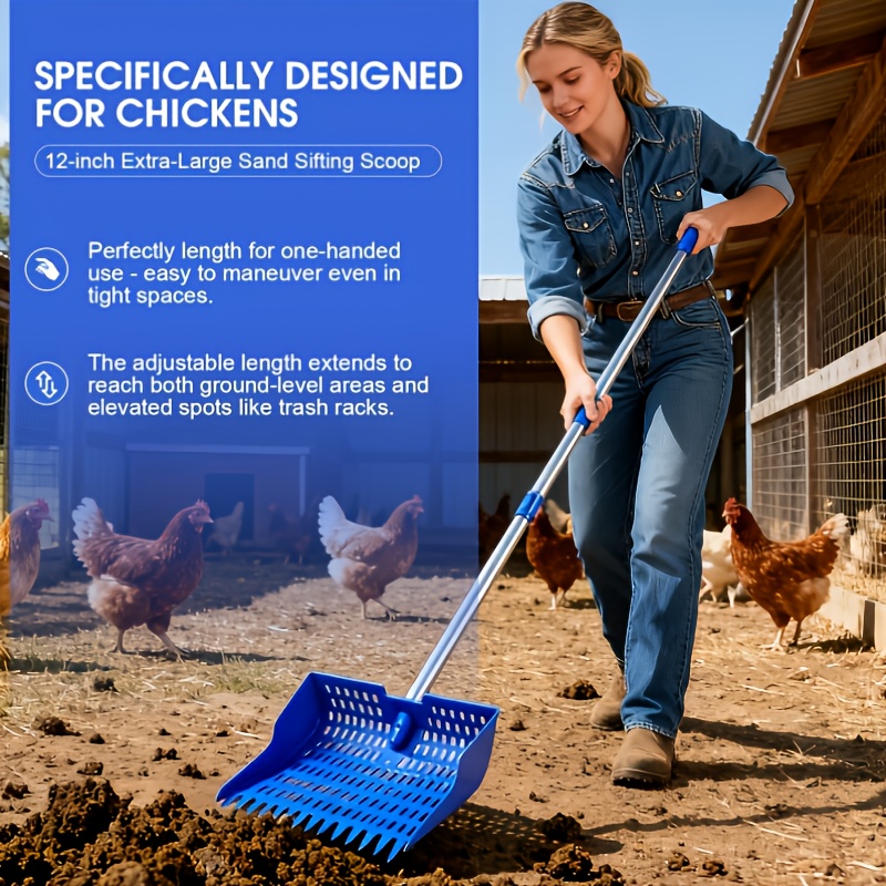 Image of Large 2-in-1 Chicken Manure Scoop And Rake With Stainless Steel Handle, Multi-position Adjustable Multi-functional Poultry Farm Cleaning Shovel, Lightweight And Durable