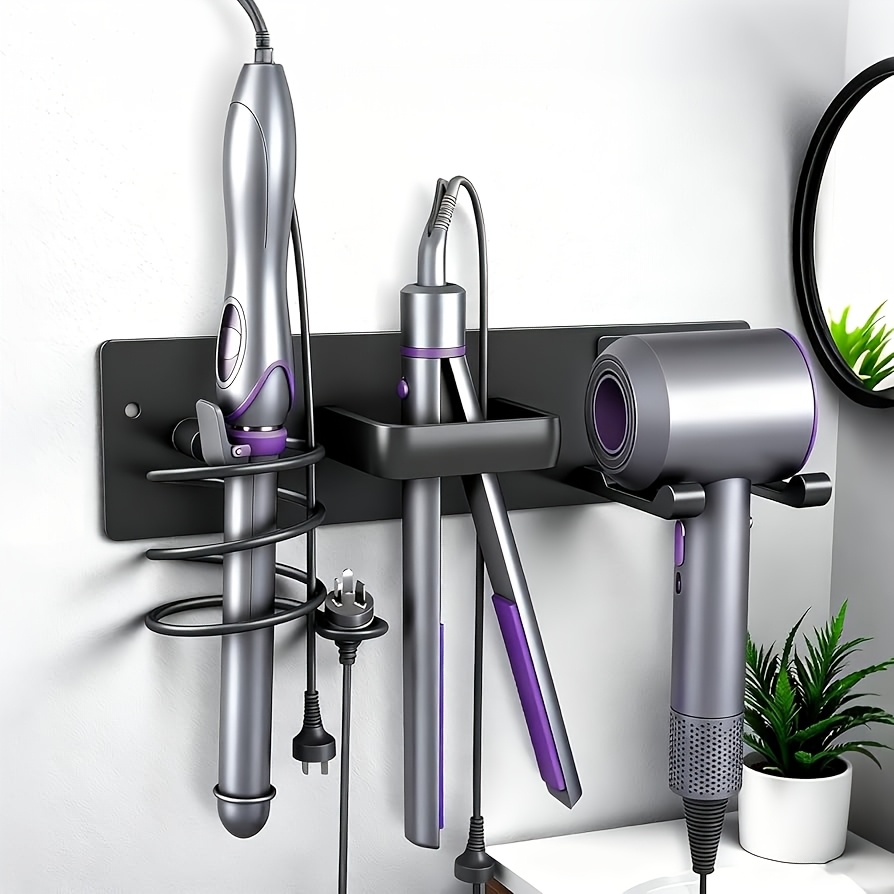 TEMU 1pc Wall-mounted Hair Dryer Holder, Adhesive Curling Stand, Hair Styling Tool Organizer. Suitable For Bathroom Curling Irons, Hair Dryers, And