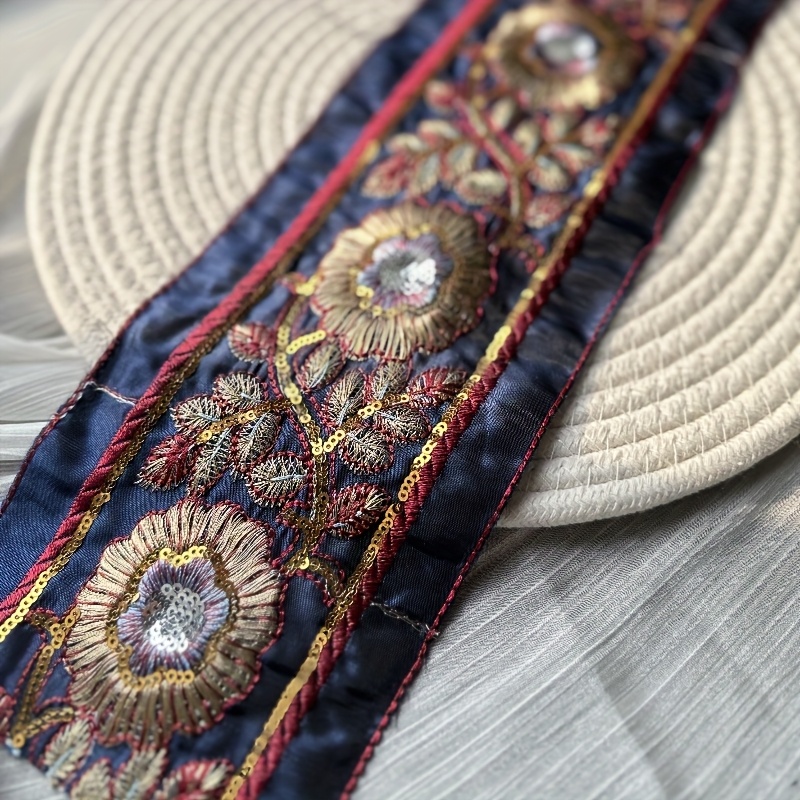 1pc Of 100cm Dark Blue Ethnic-style Embroidered Fringe Trim, For Clothing Accessories Diy Handmade Decorative Ribbon