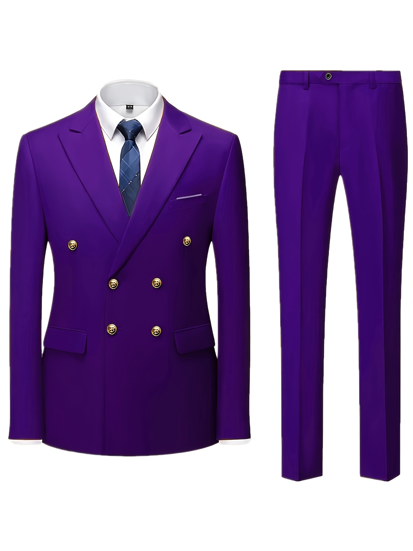 Men's Slim Fit Light Blue Double-Breasted Blazer & Pants Set - Elegant Evening Dress Suit for Business or Formal Occasions, 2pcs Polyester Fabric Outfit with Lapel Collar and Button Details, Formal Wear|Sleek Suit Design|Golden Button Accents
